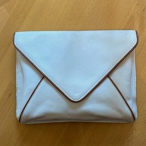 Leather envelope clutch with chain link shoulder bag.